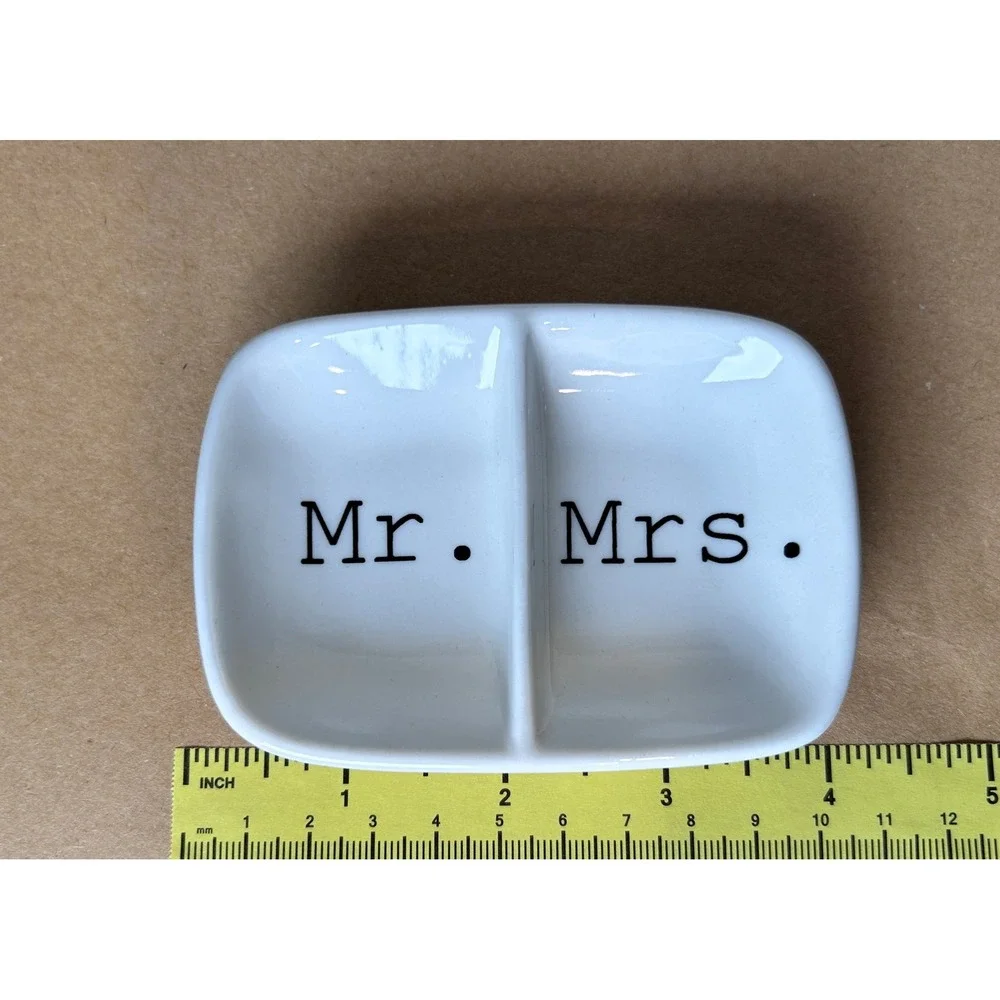 Mr. & Mrs. Ceramic Divided Ring Dish White Jewelry‎ Trinket Tray Wedding Gift